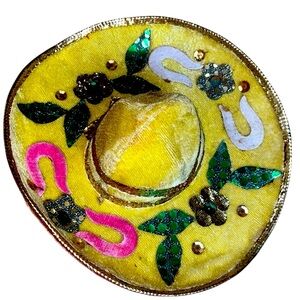 MEXICO MINI SOMBRERO MARIACHI HAT YELLOW VELVET w/  SEQUINS 9” Great for a dog